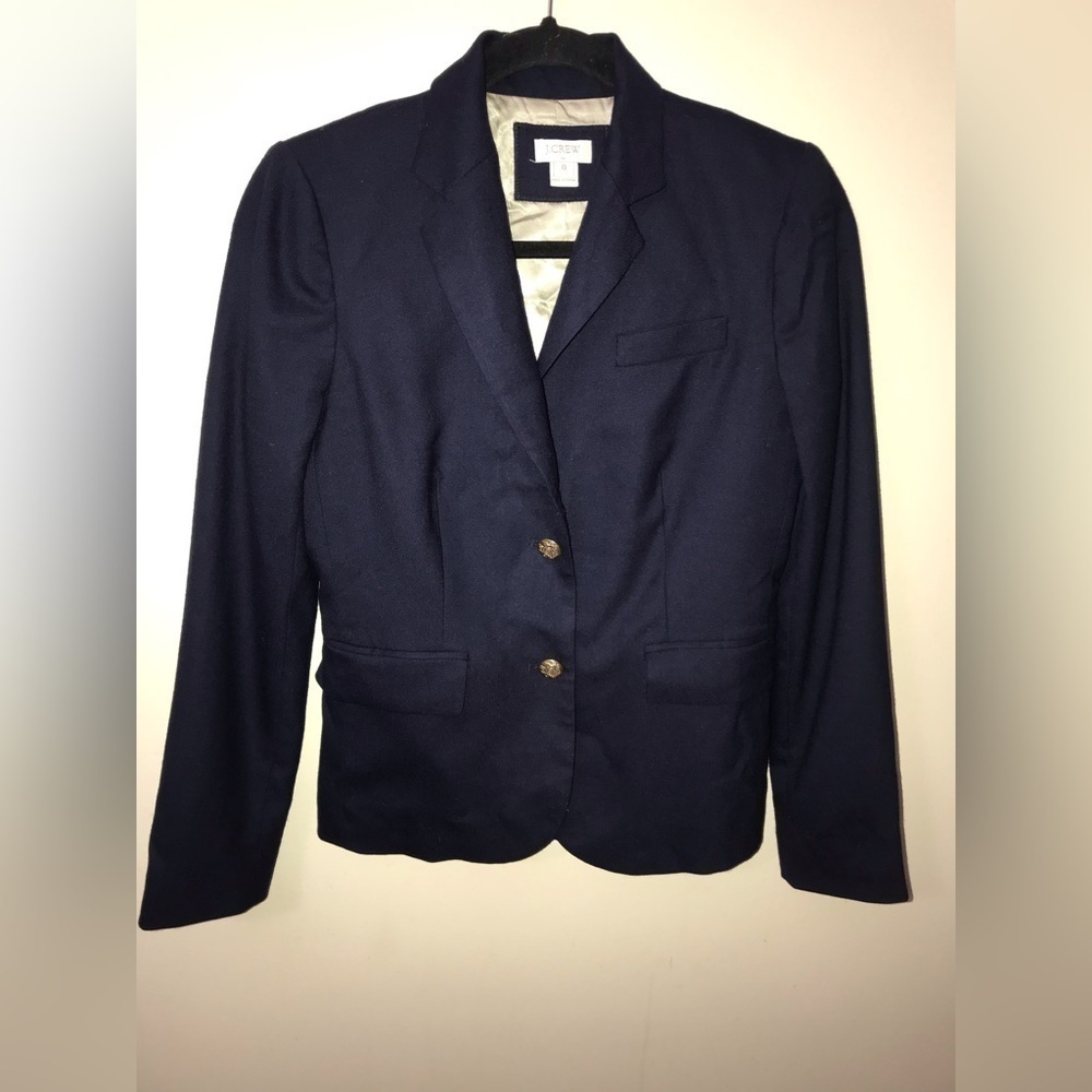 𝅺j. Crew Factory Womens Wool Blend Gold Buttons Schoolboy Navy Blazer Size 0 - Picture 5 of 15